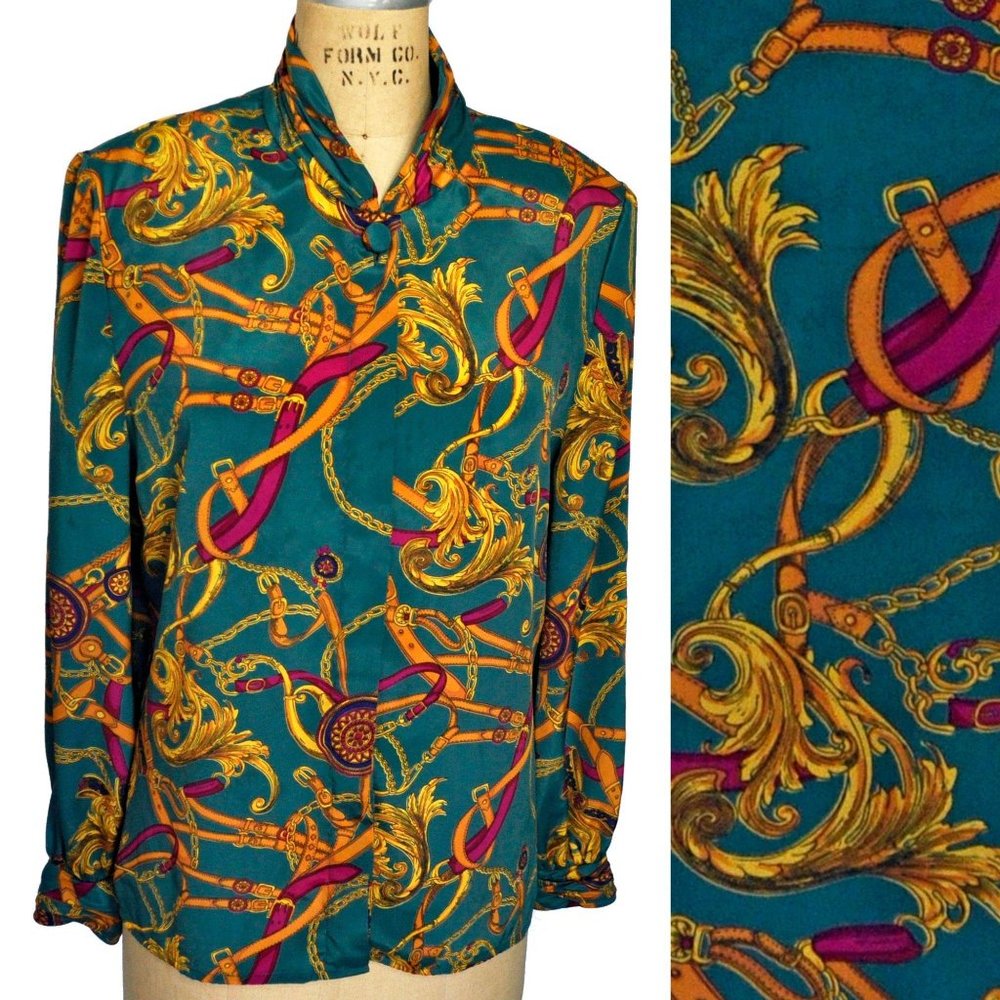 Vintage 80s Green Royal Belts Chains Blouse
